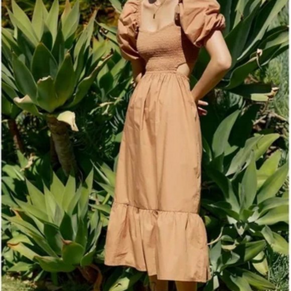 Anthropologie Faithfull 10 NWT Bloom Smocked Cut-Out Midi Dress Peasant Hazelnut - Picture 2 of 5